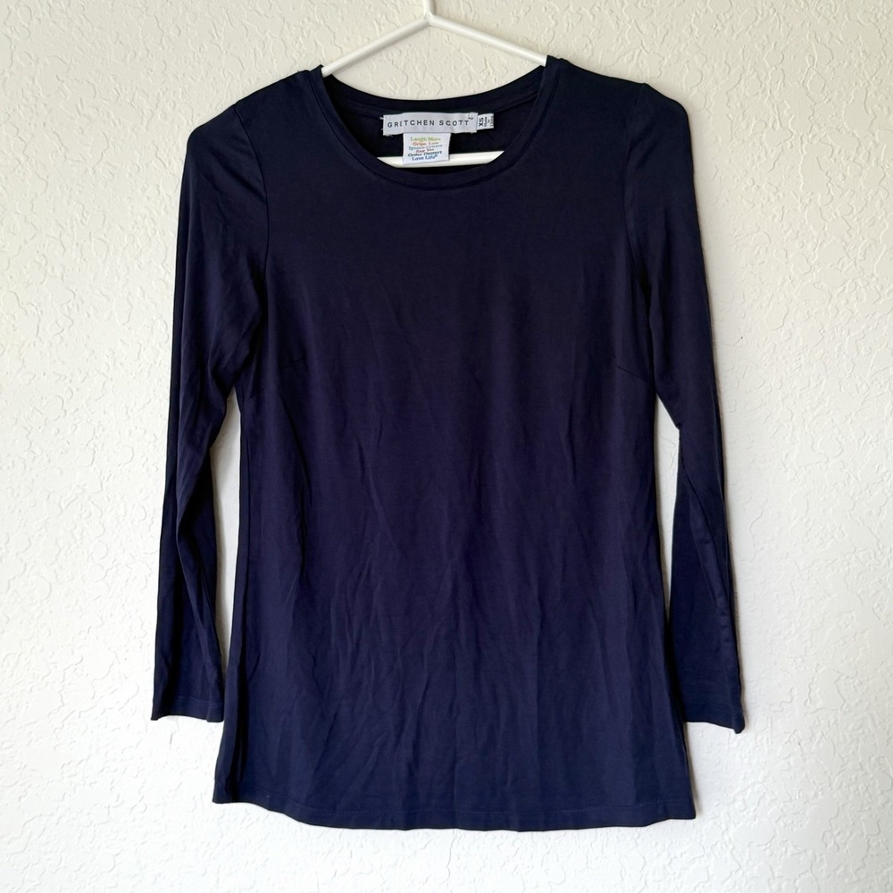 Gretchen Scott Long Sleeve Top Shirt XS Navy Blue Tee Viscose Coastal Preppy
